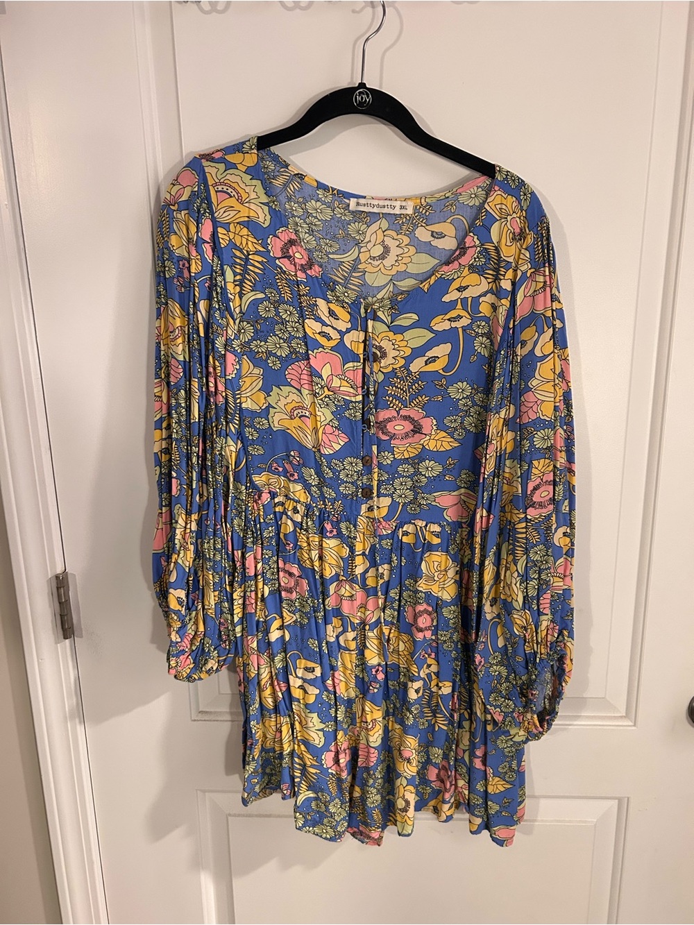 Blue Floral Babydoll Tunic romper with Pink & Yellow Blooms